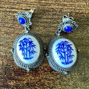 Artisan Crafted Sterling Silver Porcelain and Lapis Dangle Earrings